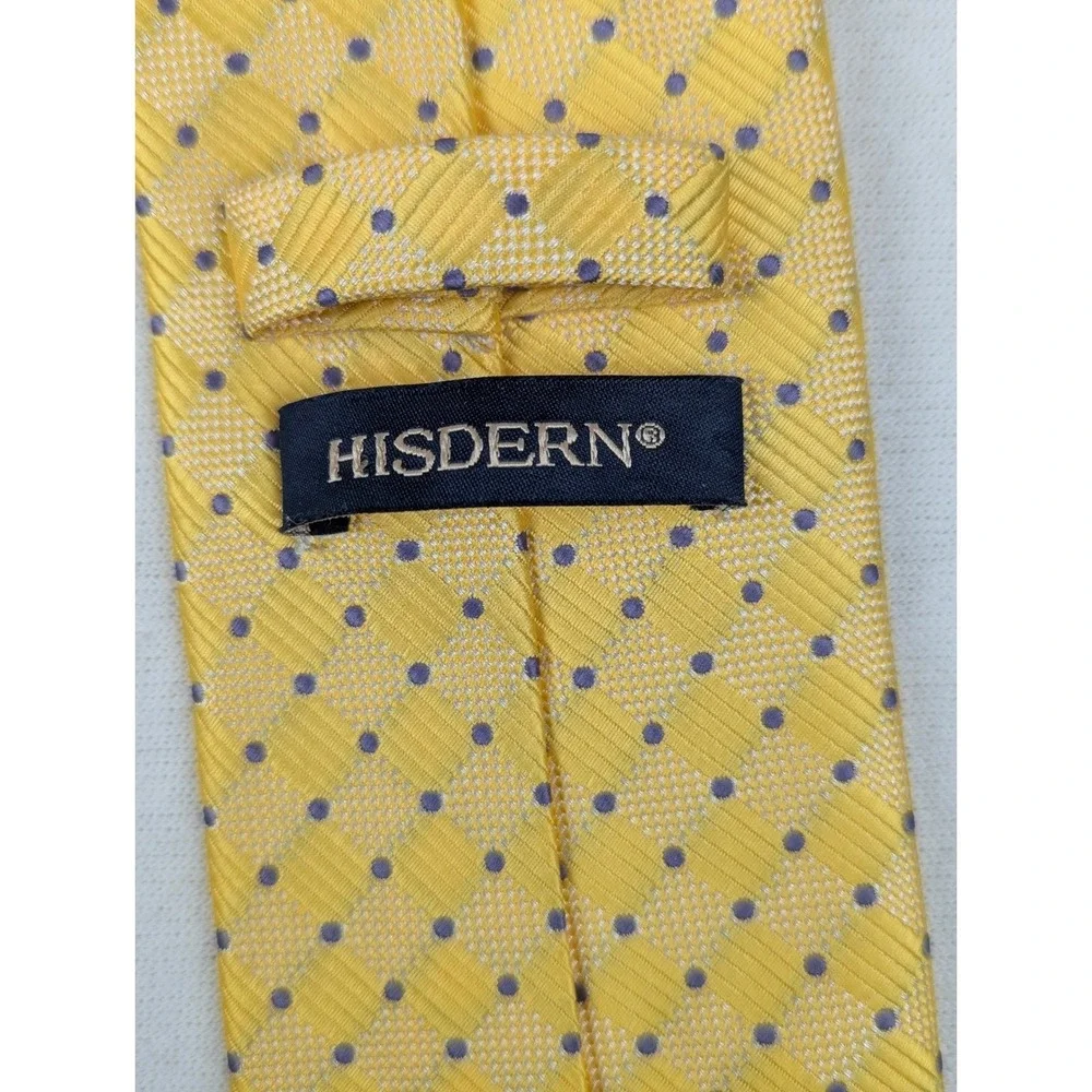 Hisdern Mens XXL Extra Long Tie Yellow Purple Polka Dot Geometric Hand Made 63in